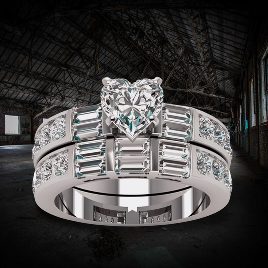 2pcs Heart Shaped Silver Engagement Ring Set