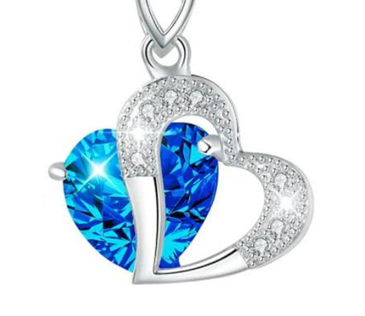 Aqua Blue Heart Shaped Silver Pendant Necklace & Chain