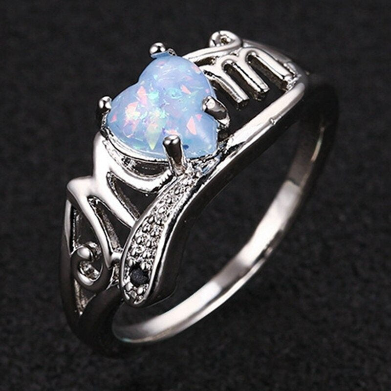 Love MOM White Opal Heart Silver Ring