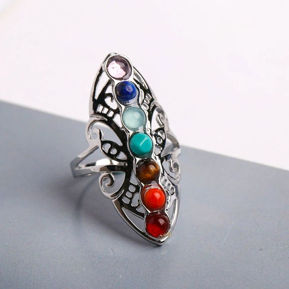 7 Chakra Healing Stone Beaded Open Silver Ring