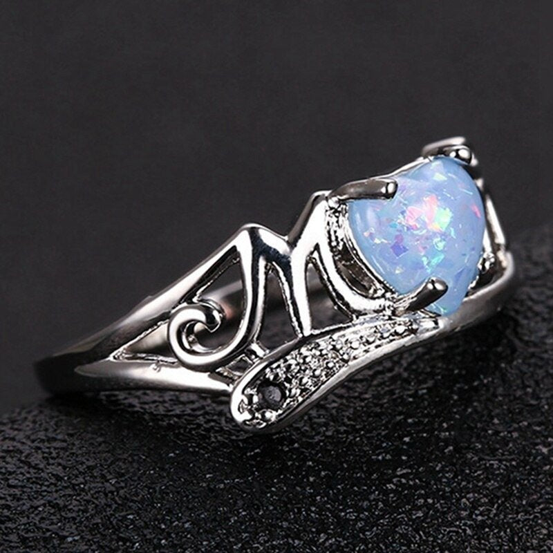 Love MOM White Opal Heart Silver Ring