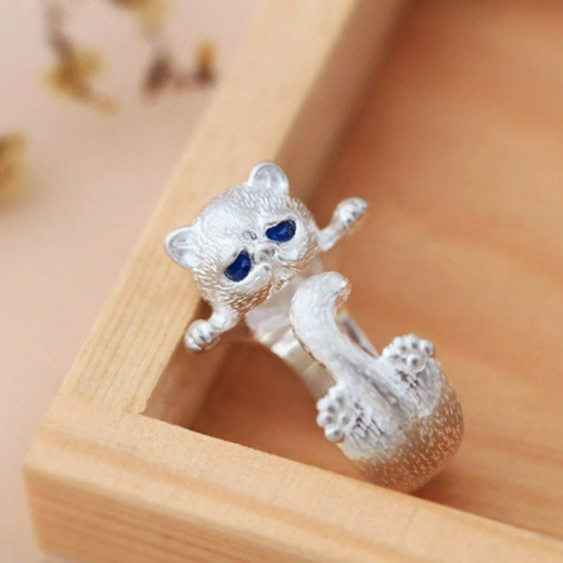 Sterling Silver Blue Eyes Kitten Cat Open Ring