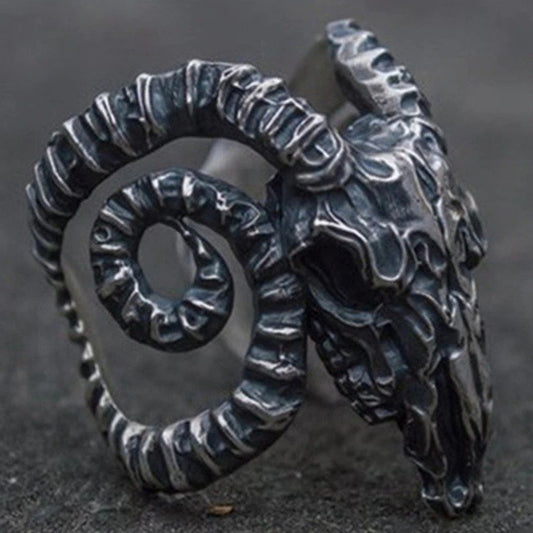 Domineering Goat Head Horn Open Silver Ring