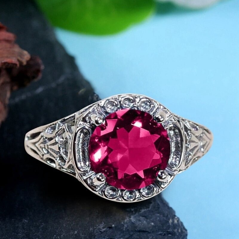1CT Hollow Red Topaz Art Deco Vintage Silver Filigree Ring