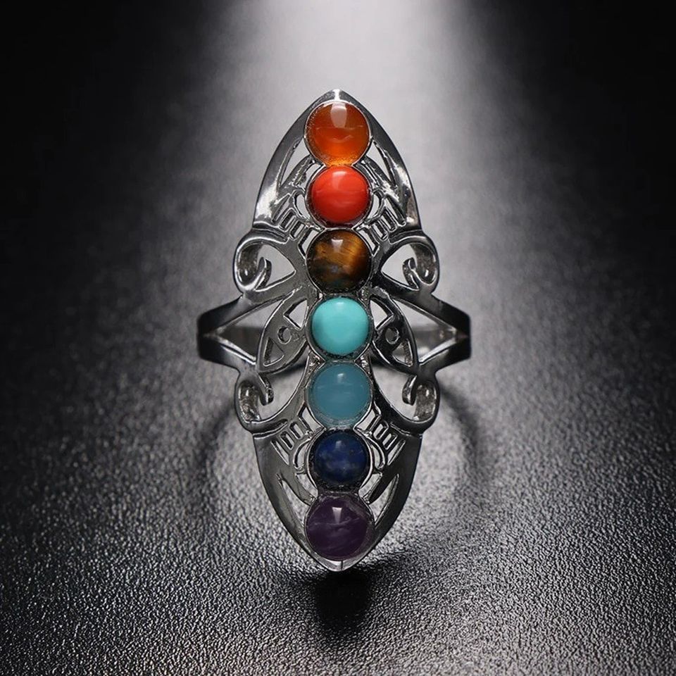 7 Chakra Healing Stone Beaded Open Silver Ring