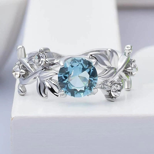 Royal Sea Blue Rhinestone Hollow Tree Vine Leaf Silver Ring