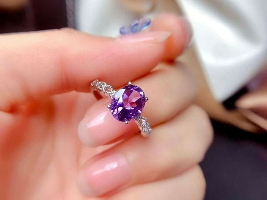 925 Sterling Silver Hollow Purple Rhinestone Ring