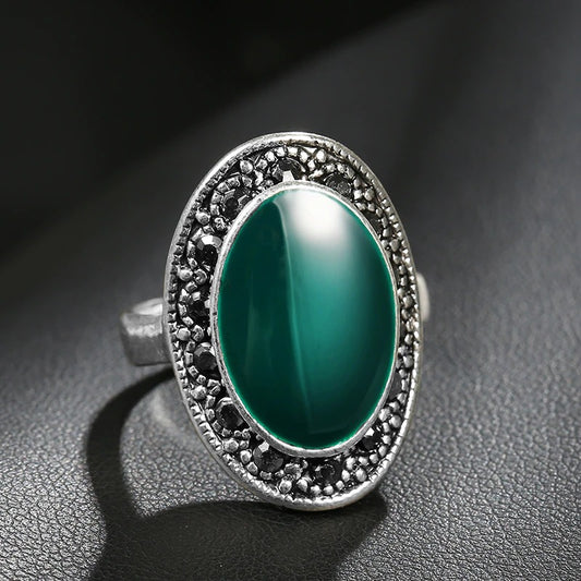 Green Oval Enamel Antique Tibetan Silver Gray Crystal Ring