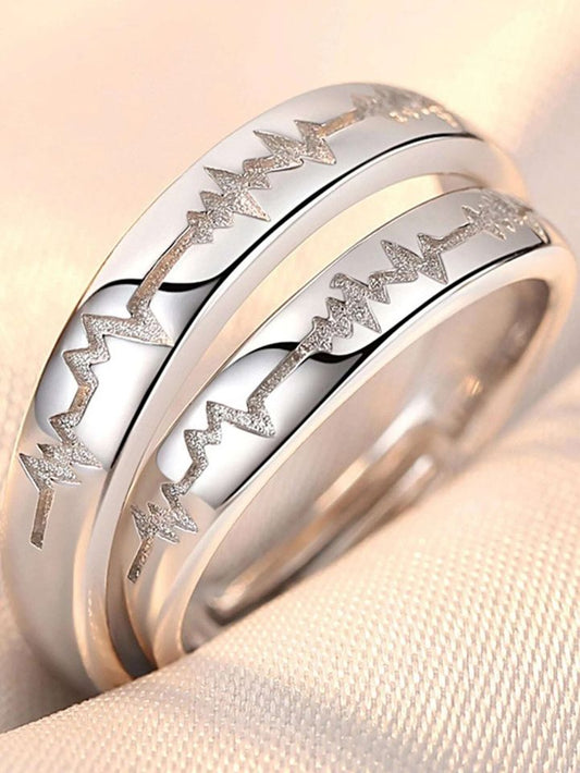 2pcs Sterling Silver Heart Electrocardiogram Matching Open Couple Rings