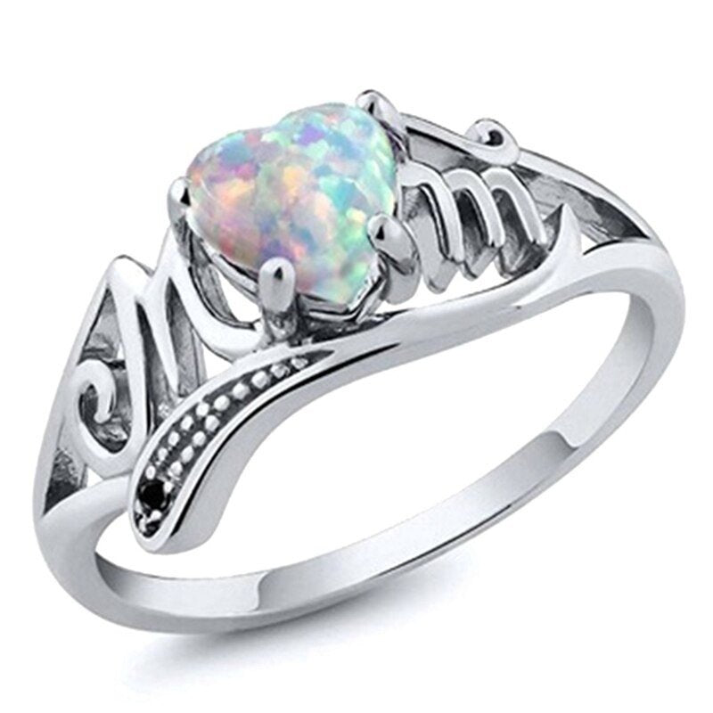 Love MOM White Opal Heart Silver Ring