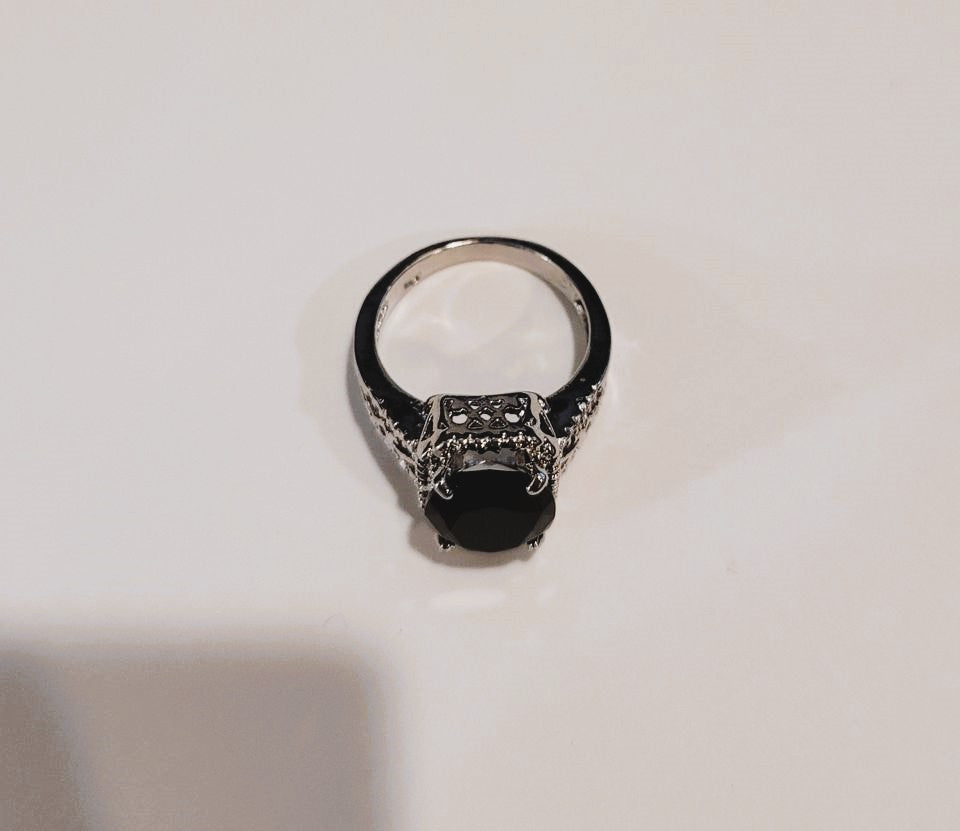 Hollow Out Oval Black Onyx Sterling Silver Ring