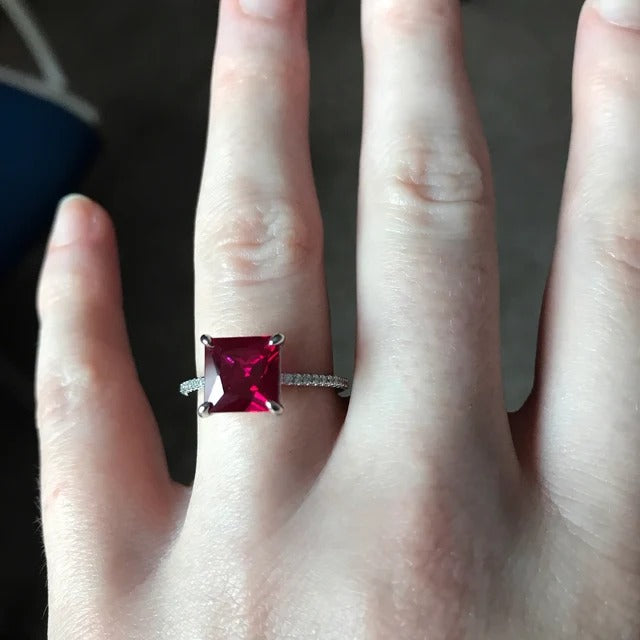 Sterling Silver Square Ruby Red Crystal Ring
