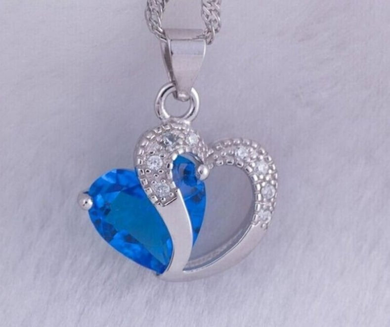 Aqua Blue Heart Shaped Silver Pendant Necklace & Chain