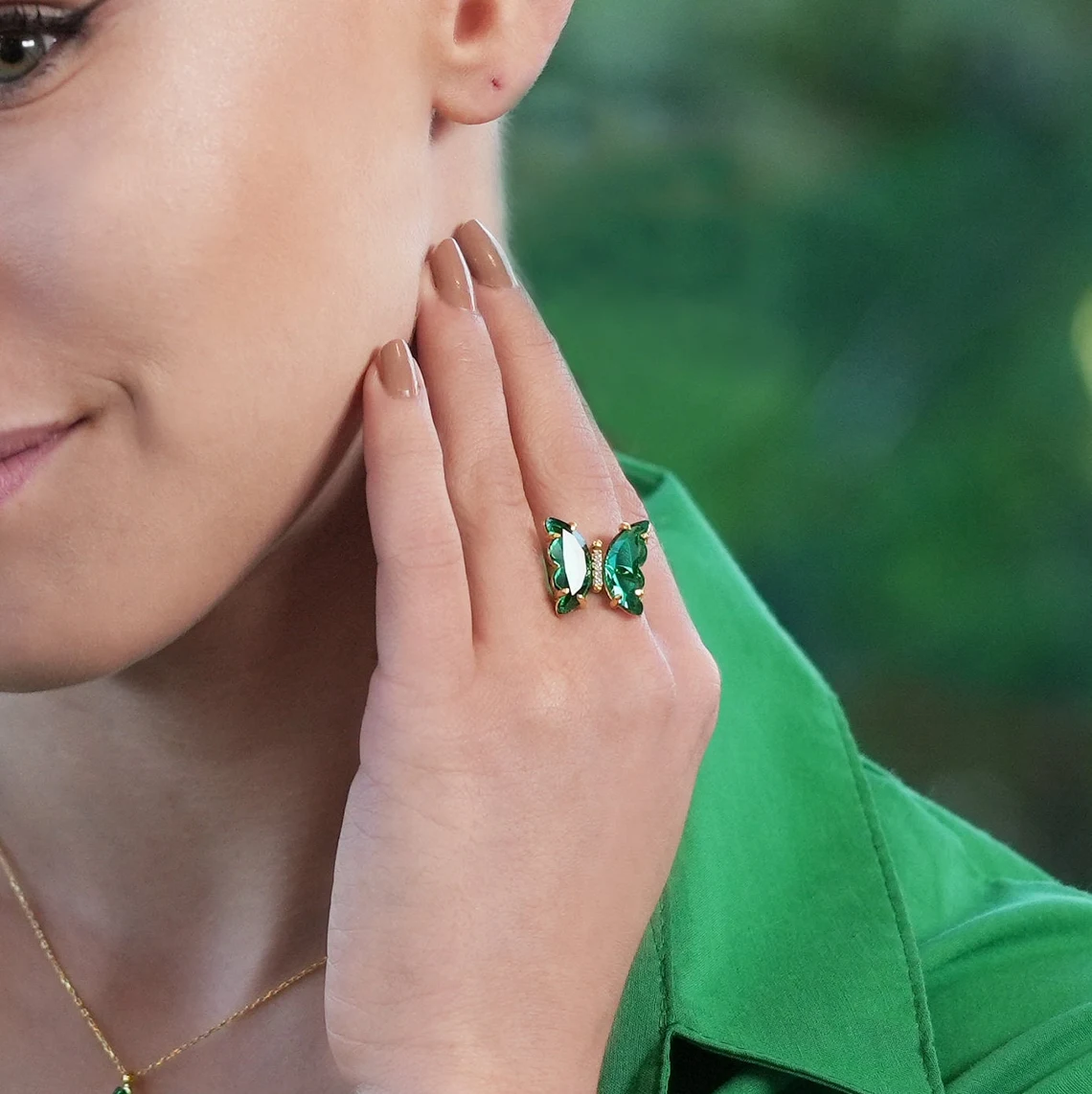 Sweet Emerald Green Crystal Butterfly Open Gold Ring