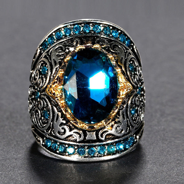 Vintage Blue Aquamarine Topaz Antique Two Tone Ring
