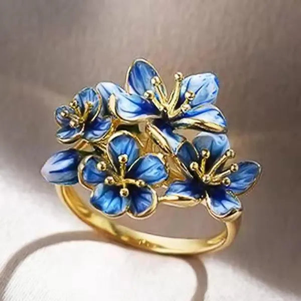 925 Sterling Silver Filled Blue Enamel Lotus Flower Gold Tone Ring