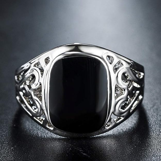 925 Sterling Silver Hollow Black Agate Enamel Ring