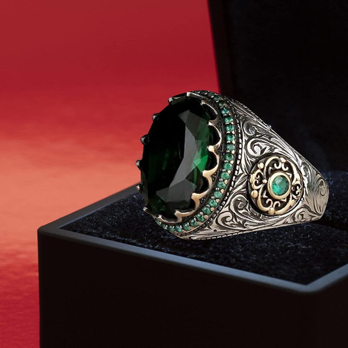 Men's Big Irregular Green Oval Rhinestone Retro Silver Ring