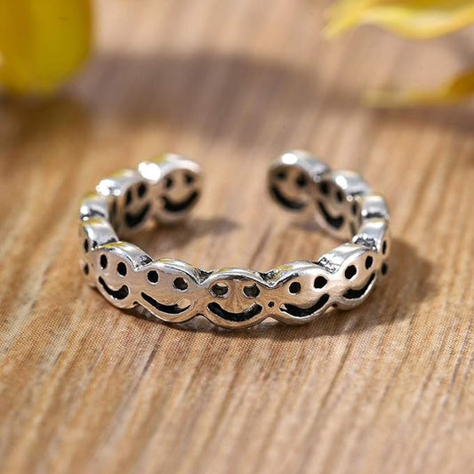 Sterling Silver Retro Smiling Happy Faces Open Emoji Ring