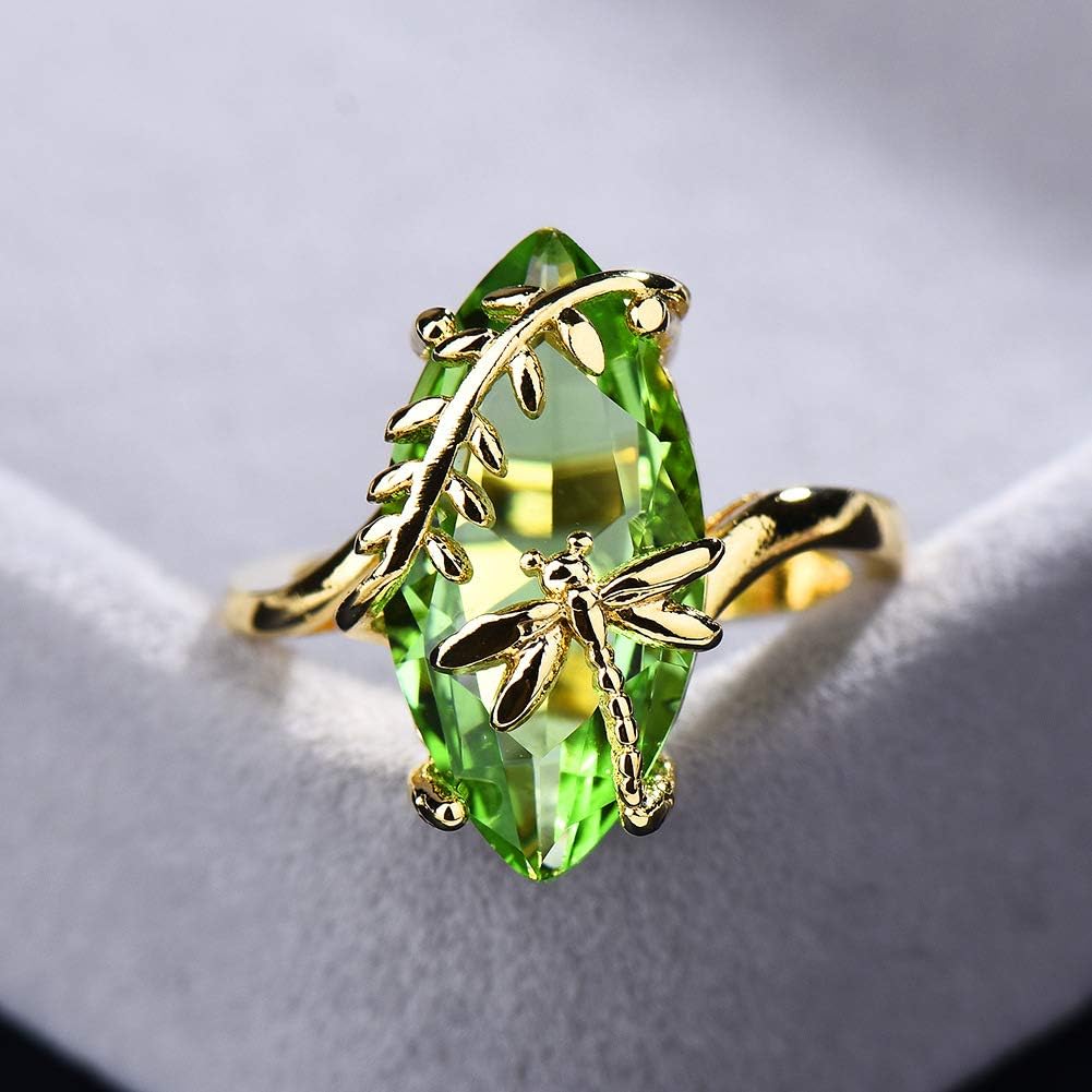 Big Olive Green Marquise Dragonfly Gold Ring