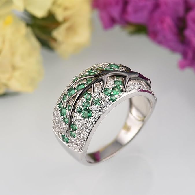 925 Sterling Silver Green Tree Branch Leaves Blossom Ring