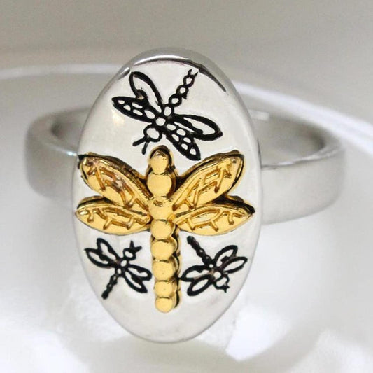 Sterling Silver Vintage Oval Golden Dragonfly Signet Ring