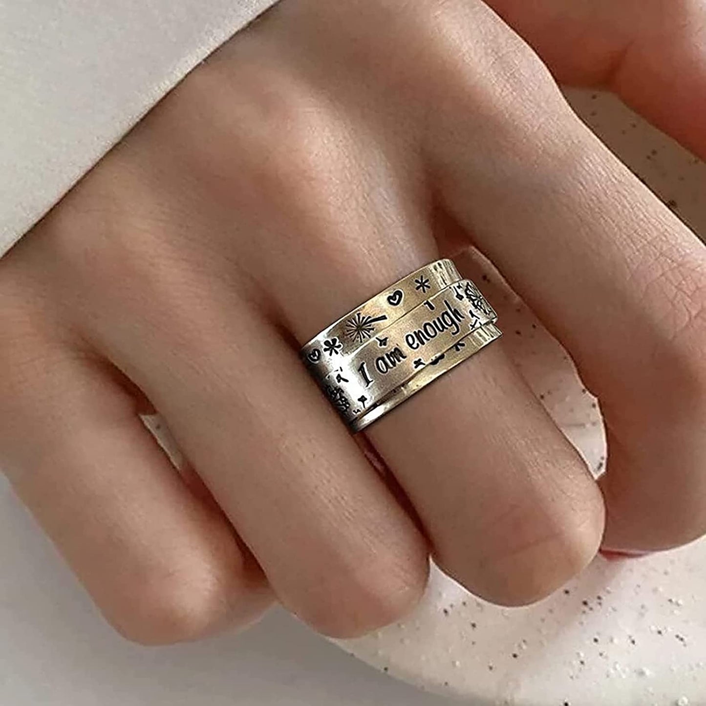 Engraved Dandelion "I Am Enough" Silver Wide Band Ring