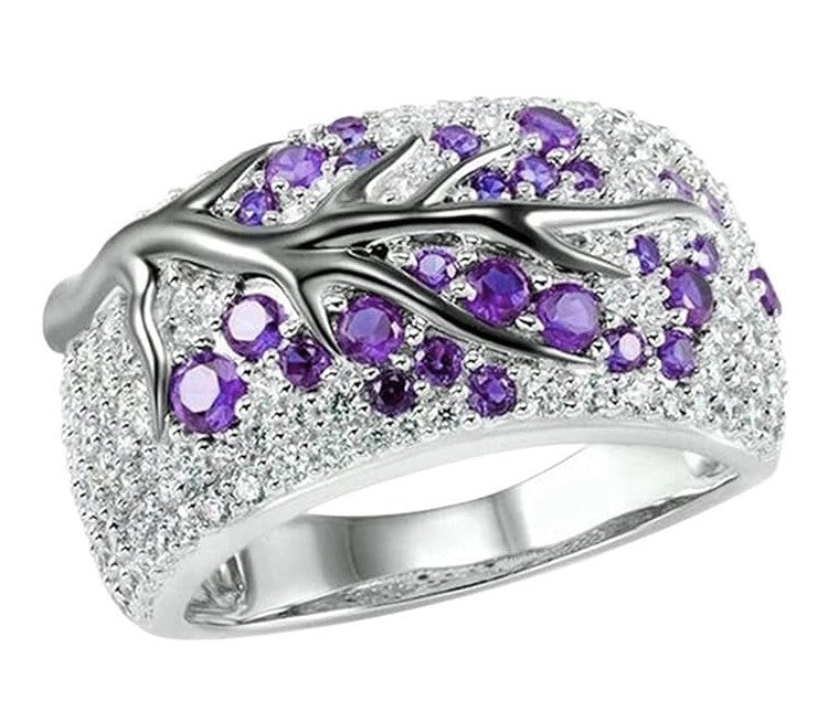 925 Sterling Silver Purple Tree Branch Leaves Blossom Ring