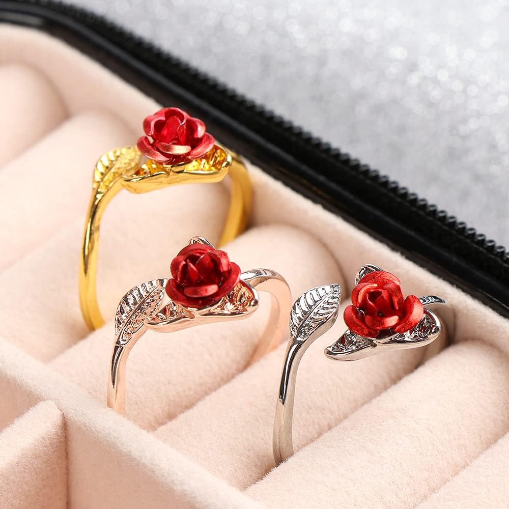 Exquisite Red Rose Flower Leaf Open Cocktail Ring