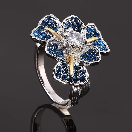 Sterling Silver Blue Iris Flower Crystals Ring