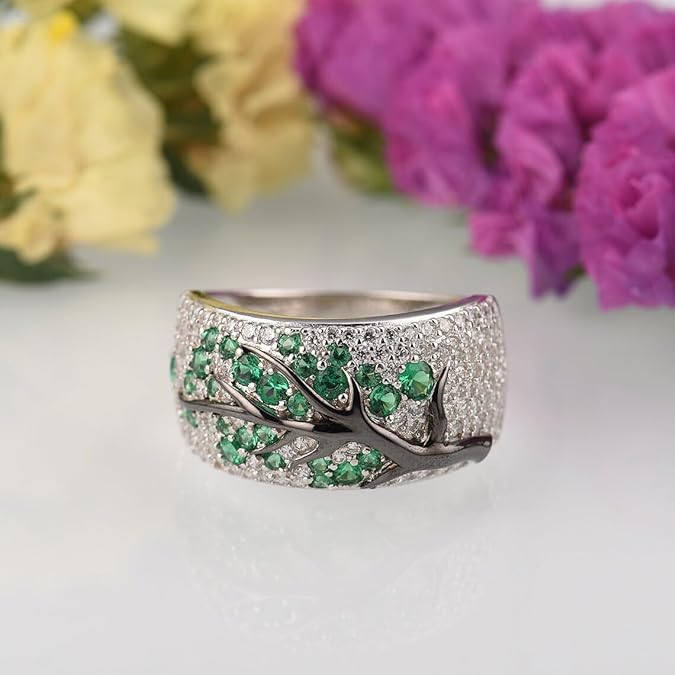 925 Sterling Silver Green Tree Branch Leaves Blossom Ring