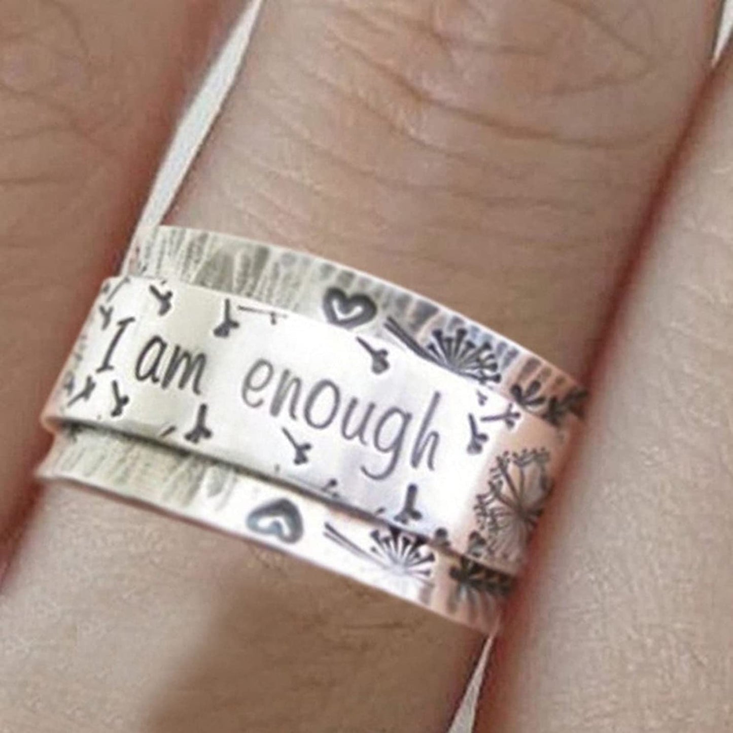Engraved Dandelion "I Am Enough" Silver Wide Band Ring