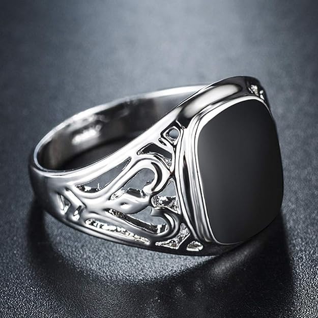 925 Sterling Silver Hollow Black Agate Enamel Ring