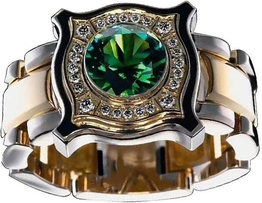 European Round Emerald Green & CZ Crystals Turkish Two Tone Ring