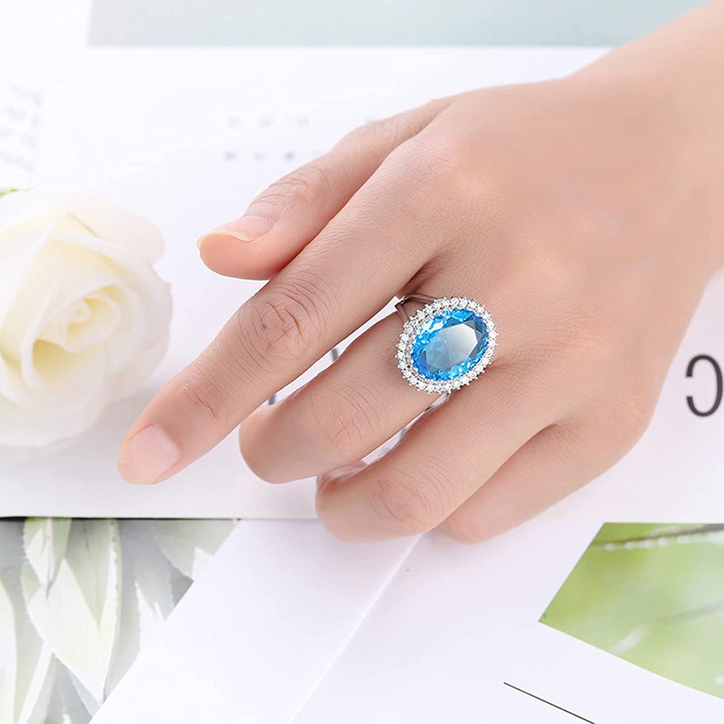 925 Sterling Silver 15mm Oval Sea Blue Topaz Ring