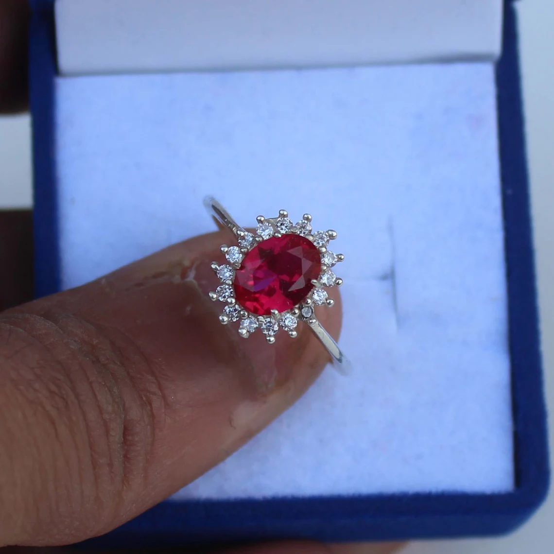 Sterling Silver Oval Ruby Red Flower Open Ring