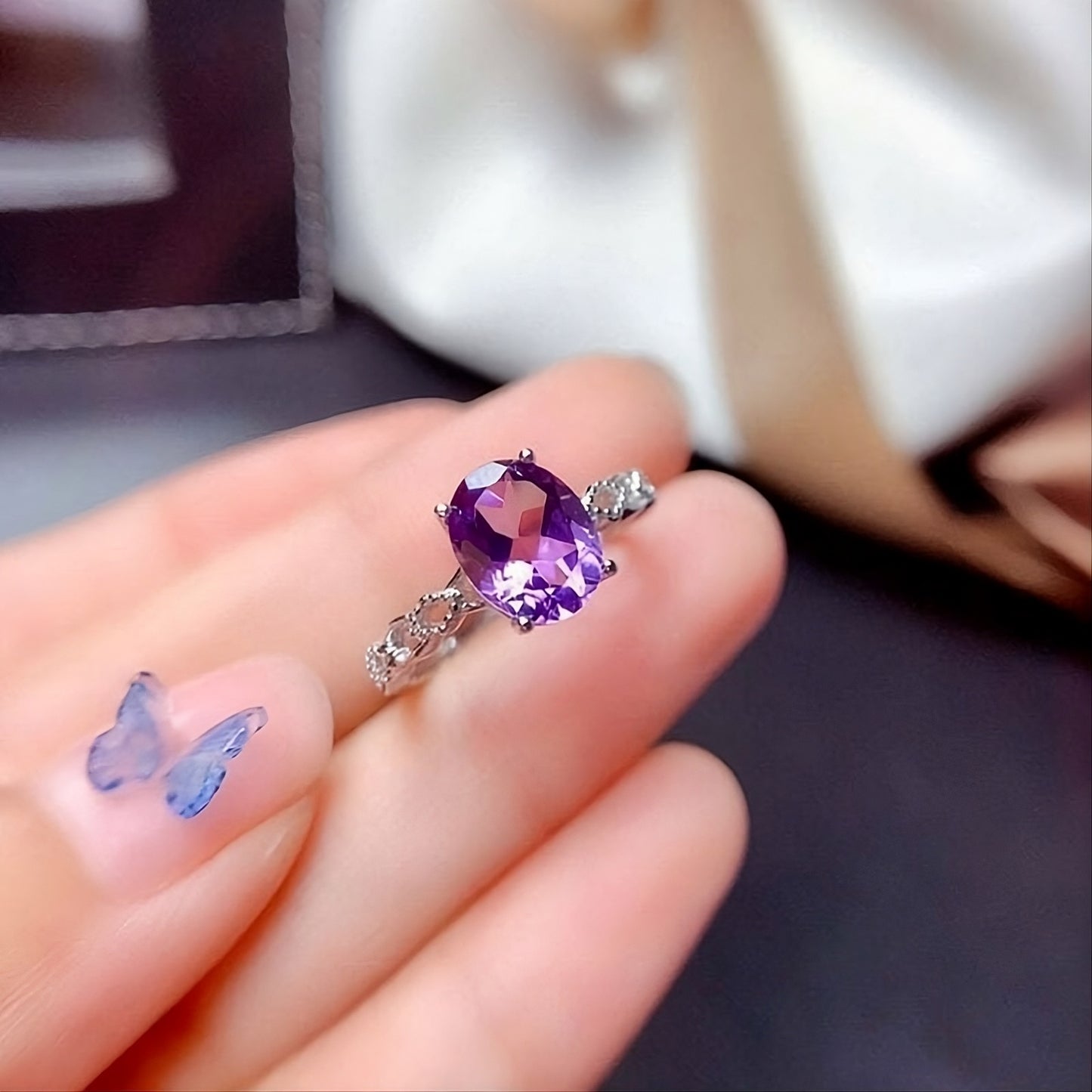 Purple CZ Solitaire 925 Sterling Silver Hollow Band Ring for Women