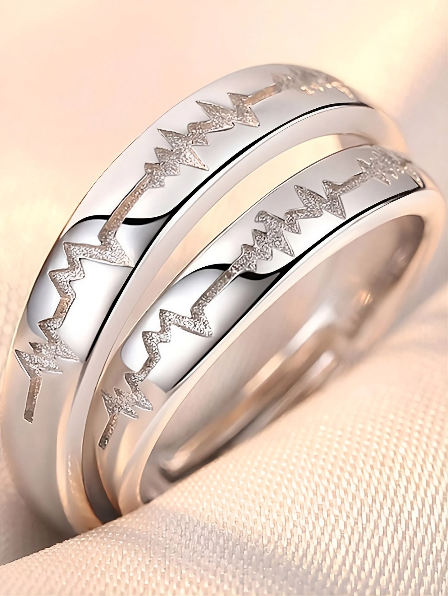 2pcs Sterling Silver Heart Electrocardiogram Matching Open Couple Rings
