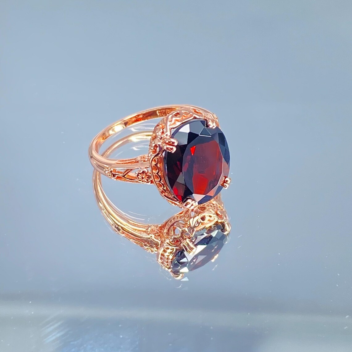 Sterling Silver 14mm Oval Red Garnet Rose Gold Ring