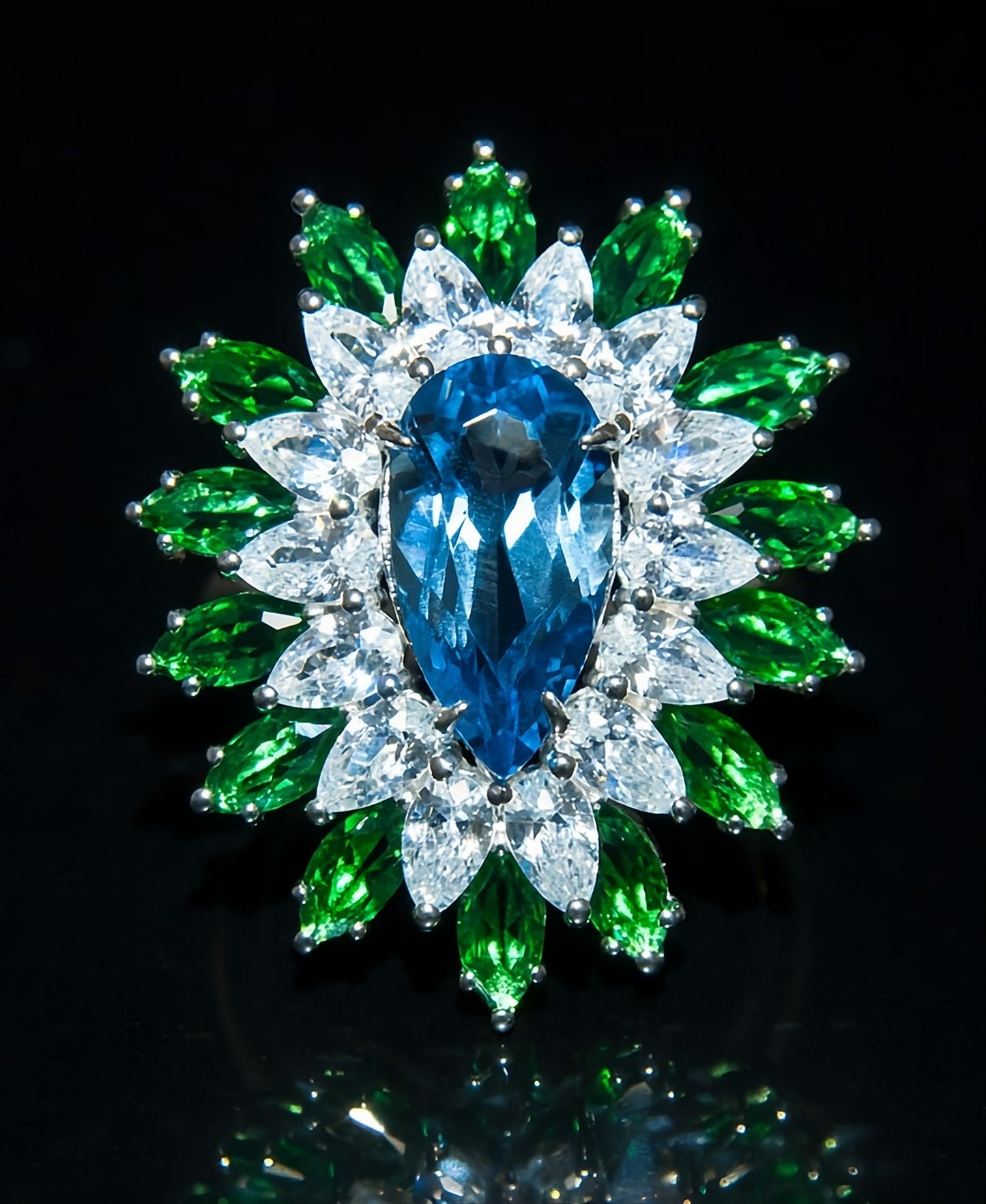 25mm Pear Cut Blue Water Drop Emerald Topaz Flower Ring