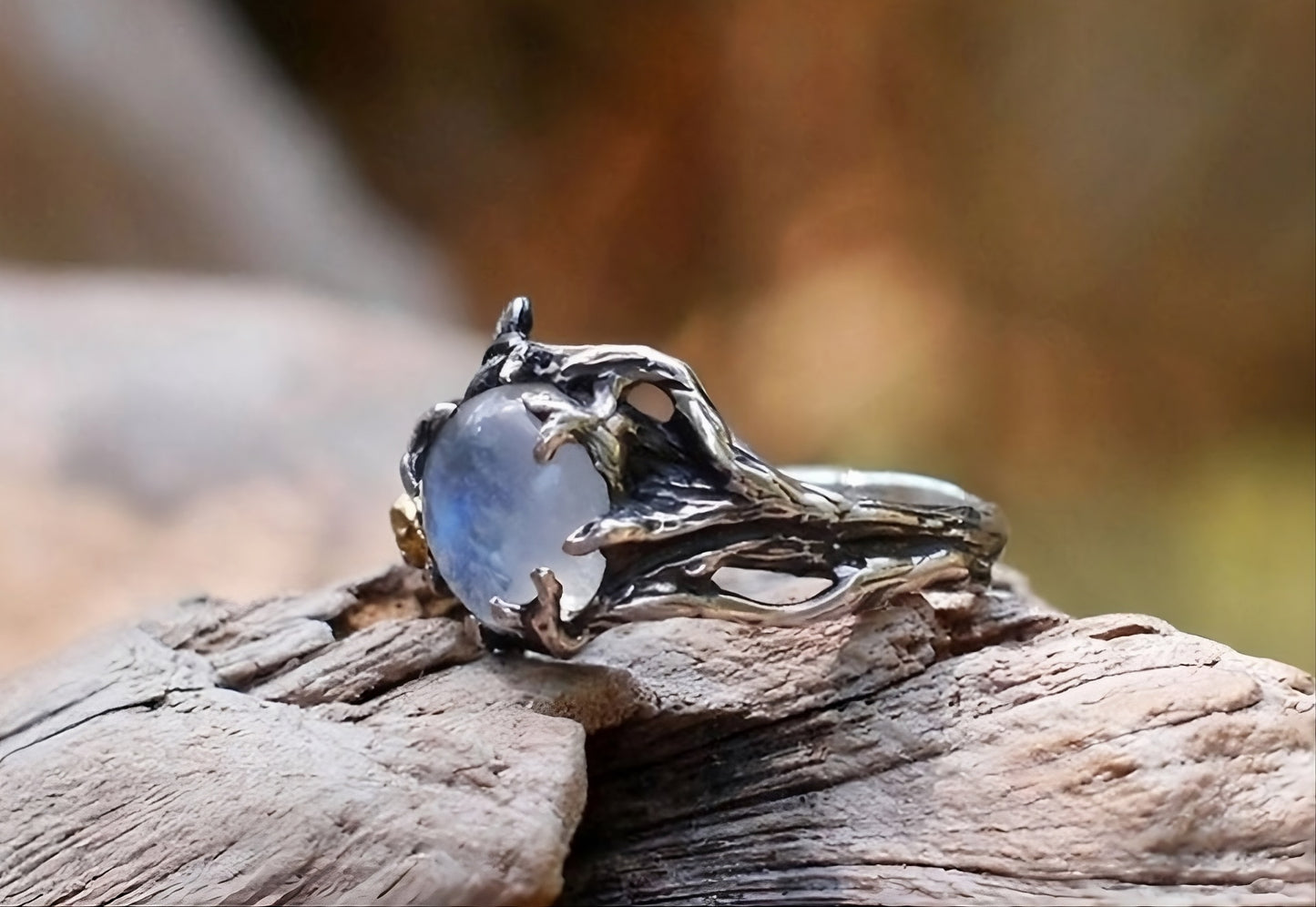 Vintage Moonstone Black Jewelry Gold Flower Silver Ring