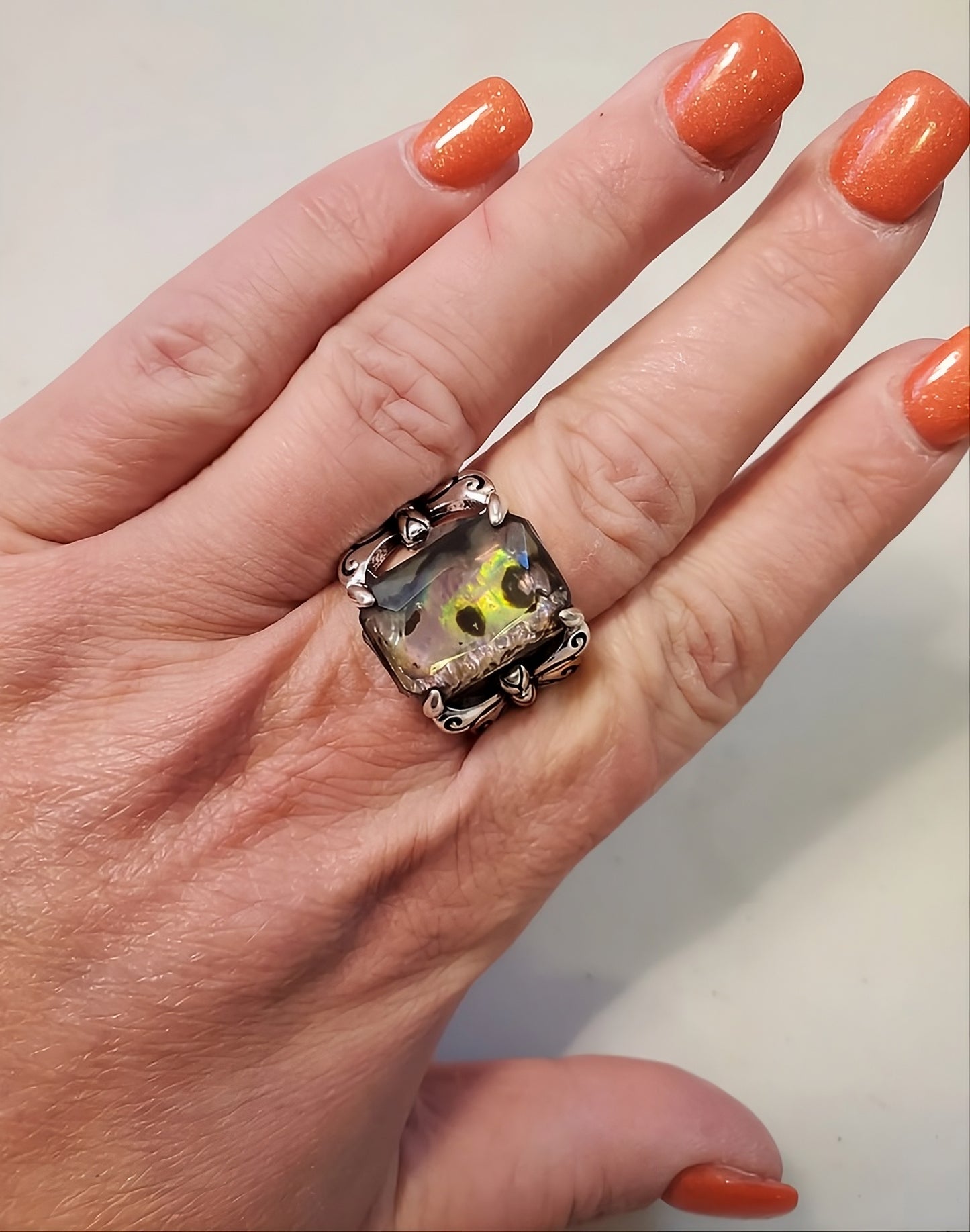 Vintage Distressed Colorful Shell Butterfly Antique Silver Ring