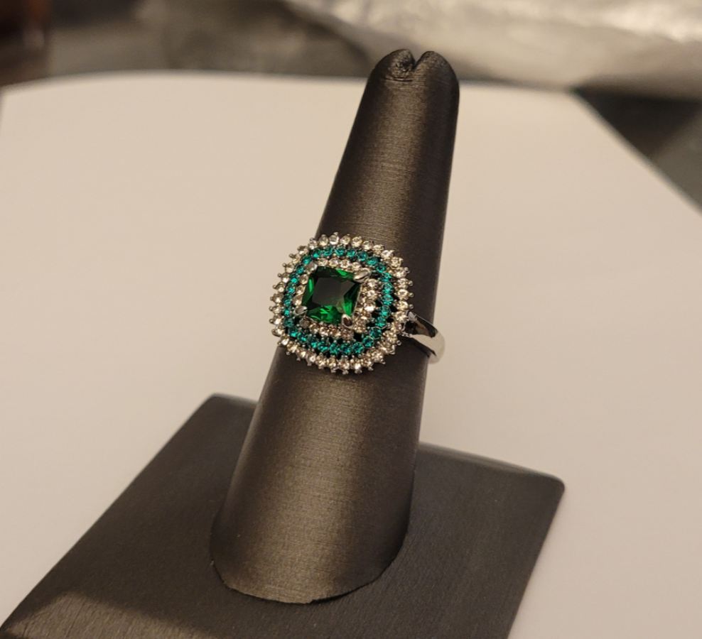 Vintage Emerald & White Sapphire Antique Silver Art Deco Ring