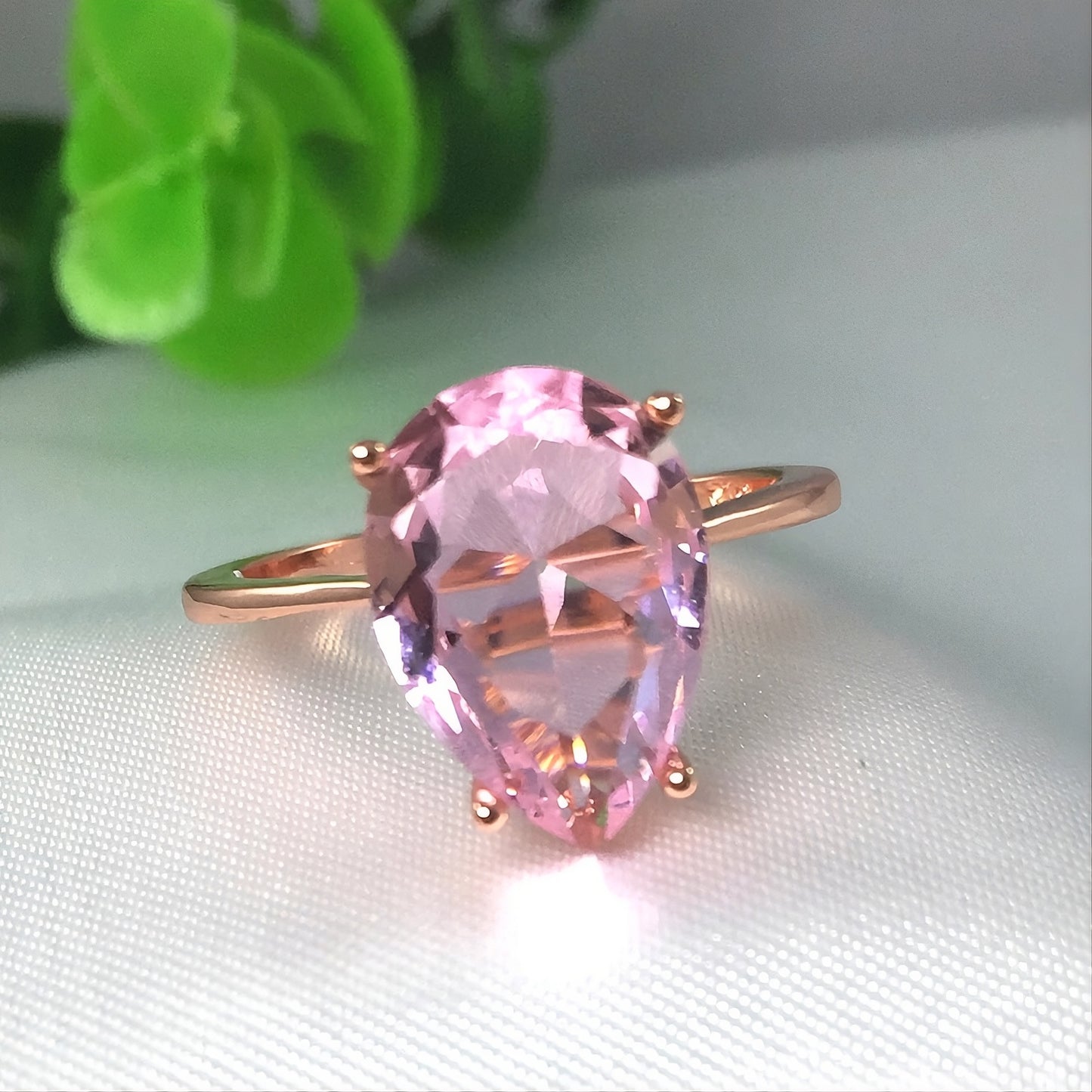14mm Pink CZ Pear Cut Rose Gold Solitaire Teardrop Ring