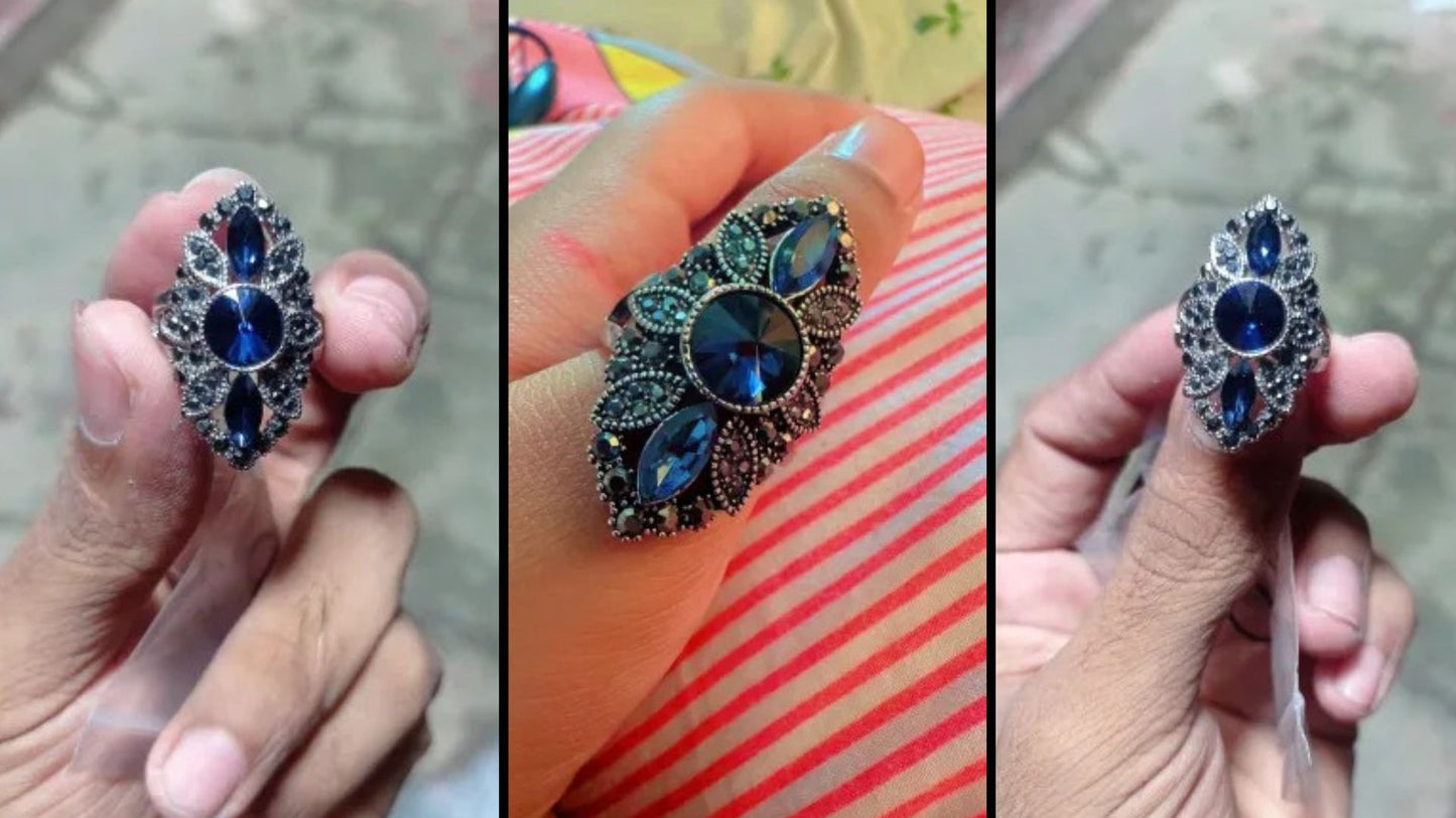 Vintage-Inspired 36mm Blue & Gray Mosaic Antique Silver Art Deco Ring