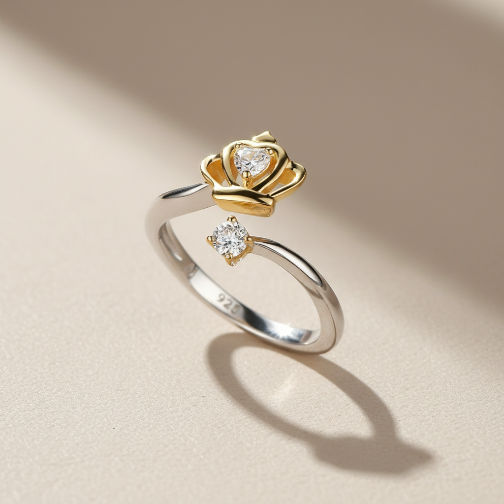 925 Sterling Silver Gold Queen Crown Open Ring
