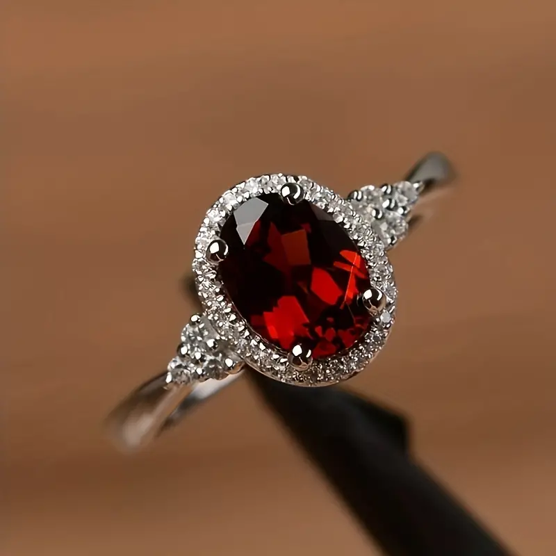 Sterling Silver Oval Ruby Red Halo Ring