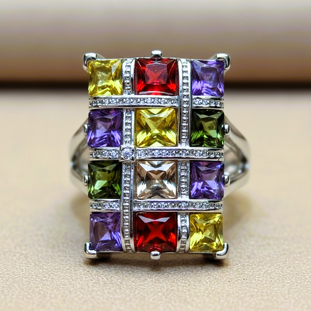 Colorful Multicolor Garnet Topaz Silver Geometric Ring