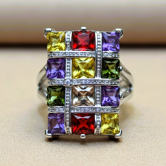 Colorful Multicolor Garnet Topaz Silver Geometric Ring