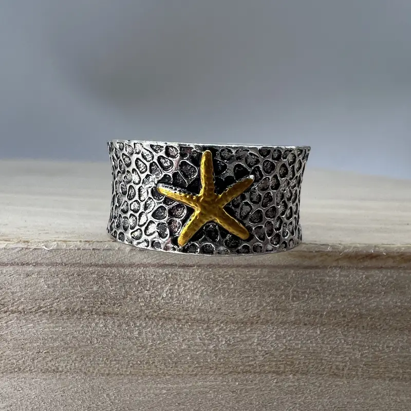 Wide 925 Sterling Silver Starfish Tidepool Ring